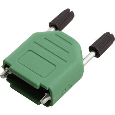 Zielony adapter pomiarowy z dwoma czarnymi złączami śrubowymi, odpowiedni do testów elektrycznych lub elektronicznych.