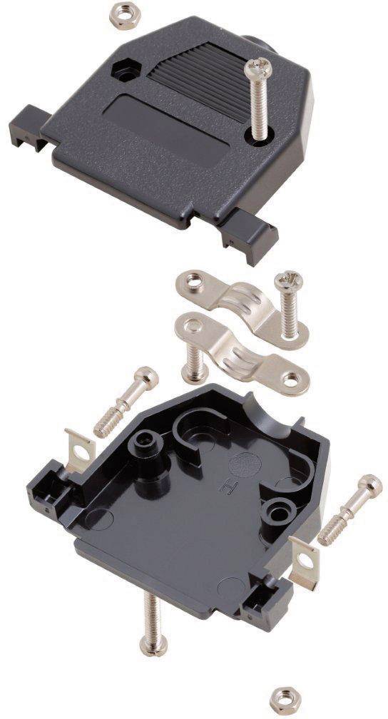 Rysunek rozstrzelony złącza z elementami obudowy, śrubami i metalowym zaciskiem. Prezentuje kolejność montażu.