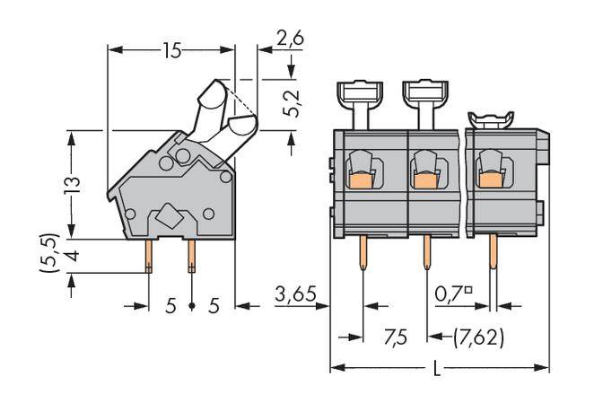Rysunek złącza elektrycznego z wymiarami: szerokość 15 mm, wysokość 13 mm, głębokość 5 mm. Rozstaw pinów 5 mm, długość styku 3,65 mm.
