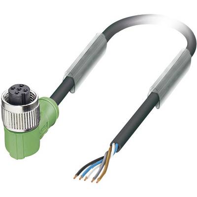 'Zielony kabel kątowy M12 z srebrnym złączem, częściowo z odsłoniętymi przewodami miedzianymi, odpowiedni do połączeń elektrycznych.'