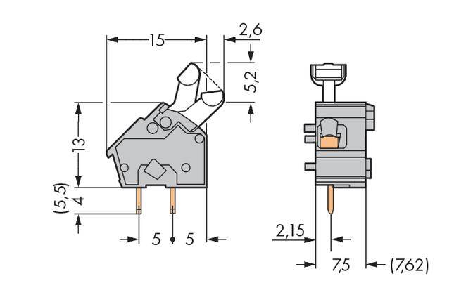 Rysunek techniczny przełącznika z wymiarami: 2,6 x 15 x 5,2 mm, rozstaw pinów 5 mm. Przedstawia widok z boku i widok z przodu.