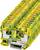 Żółto-zielony blok zaciskowy szeregowy z pomarańczowymi stykami i metalową podstawą. Stosowany do połączeń elektrycznych w tablicach rozdzielczych.