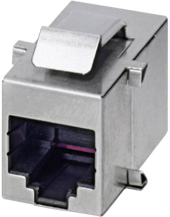 Metalowa obudowa złącza, odpowiednia do podłączeń sieciowych, prezentująca prostokątne wycięcie na wtyczkę.