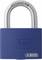Niebieska kłódka z srebrnym pałąkiem. Na kłódce widnieje napis 'myLock' oraz 'ABUS'.
