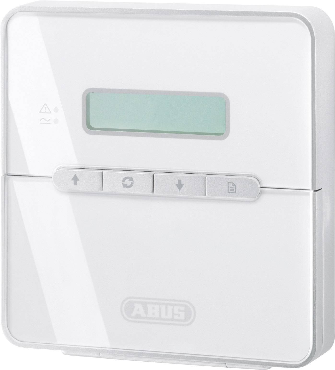 Biały termostat naścienny z zielonkawym wyświetlaczem i czterema przyciskami poniżej ekranu do sterowania temperaturą.