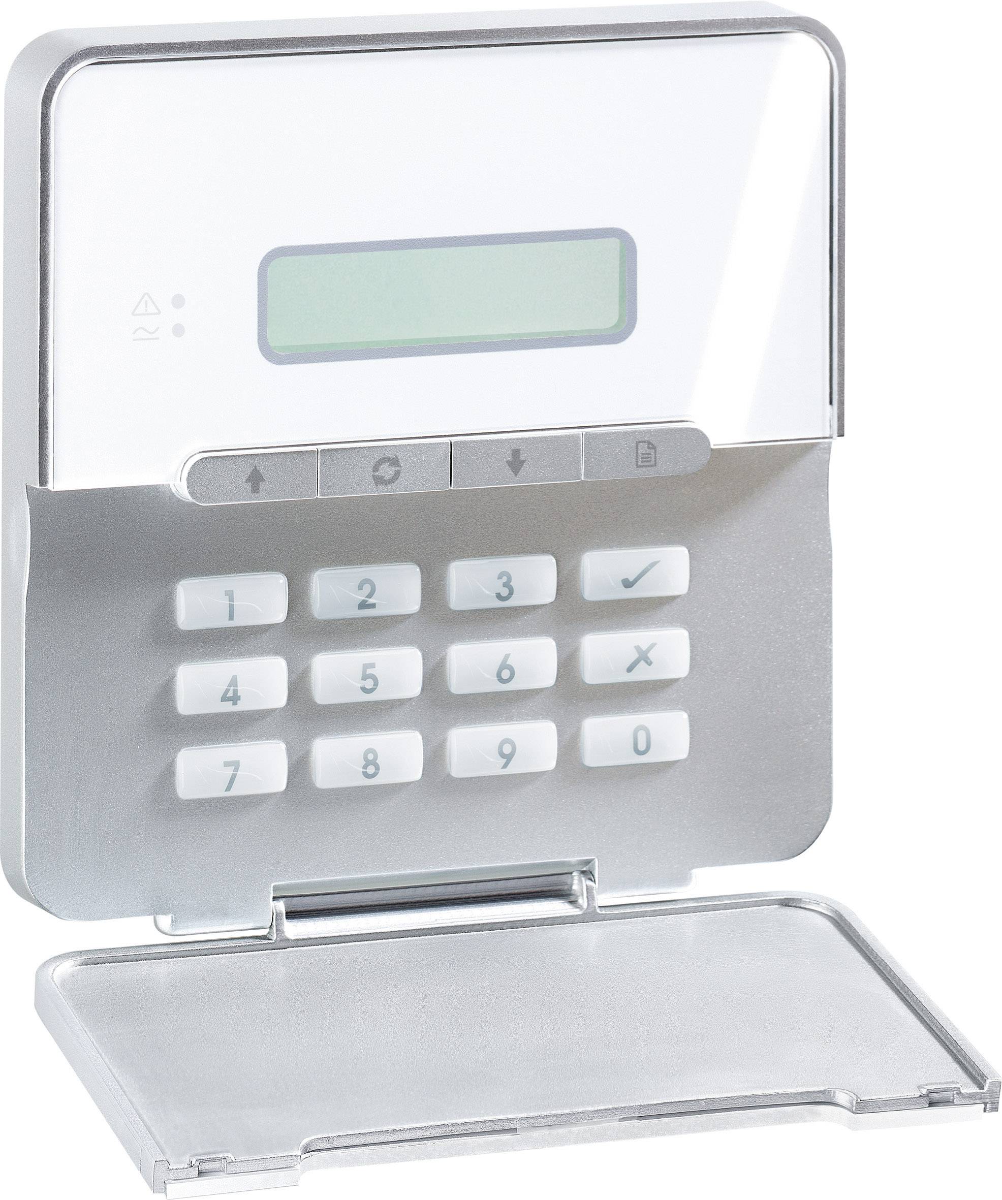 Elektroniczny panel sterujący z przyciskami i wyświetlaczem, prawdopodobnie będący częścią systemu alarmowego.