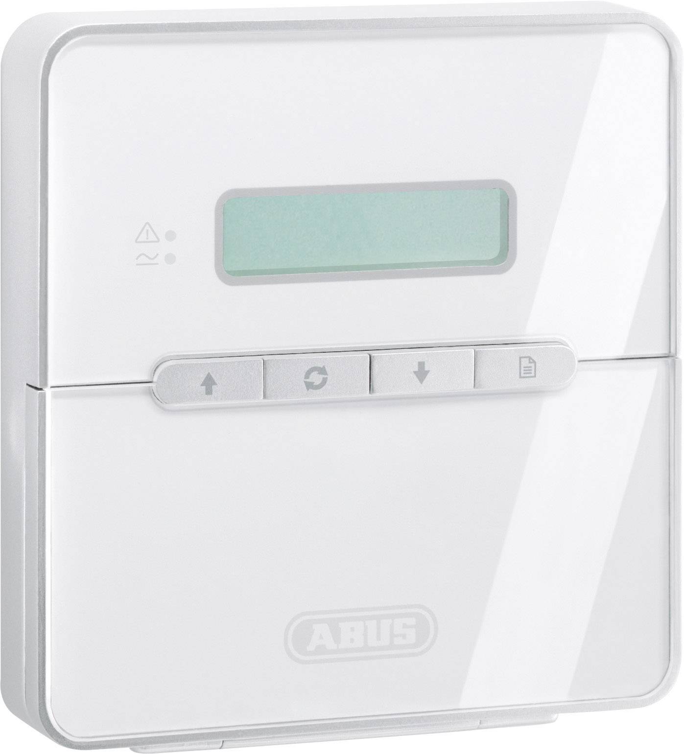 Biały cyfrowy panel sterujący z wyświetlaczem i czterema przyciskami; służący do kontroli urządzeń lub systemów.