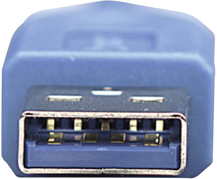 Zbliżenie niebieskiego wtyczki USB, ukazujące metalowe styki i plastikową obudowę.