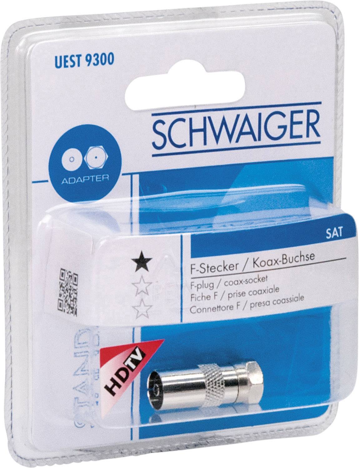 Adapter F-wtyk/gniazdo koaksjalnego firmy Schwaiger, model UEST 9300, do połączeń koaksjalnych. Opakowanie prezentuje produkt i logo marki.