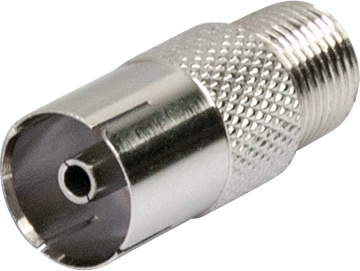 Metalowy adapter wtykowy współosiowy, o cylindrycznym kształcie, z powierzchnią ryflowaną dla pewnego chwytu, odpowiedni do podłączeń antenowych.