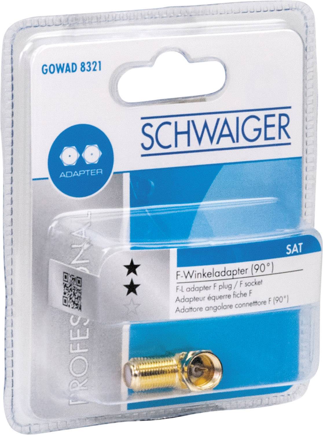 Adapter F-kątowy (90°) firmy Schwaiger w opakowaniu blistrowym, przeznaczony do połączeń satelitarnych. Adapter jest złotego koloru i prostopadły.