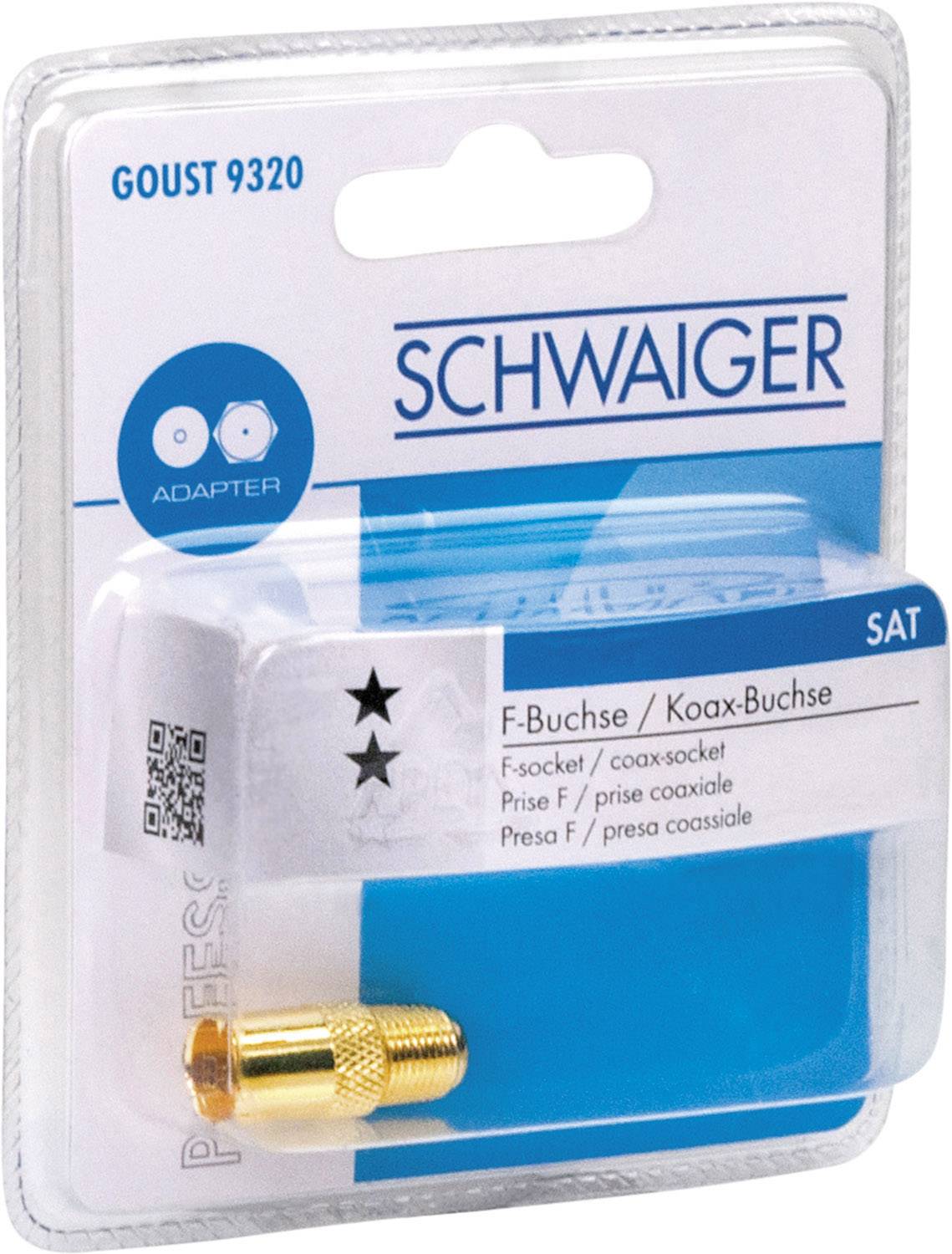 'Opakowanie z adapterem Schwaiger z gniazda F na gniazdo współosiowe, model: GOUST 9320, w plastikowym blistrze.'