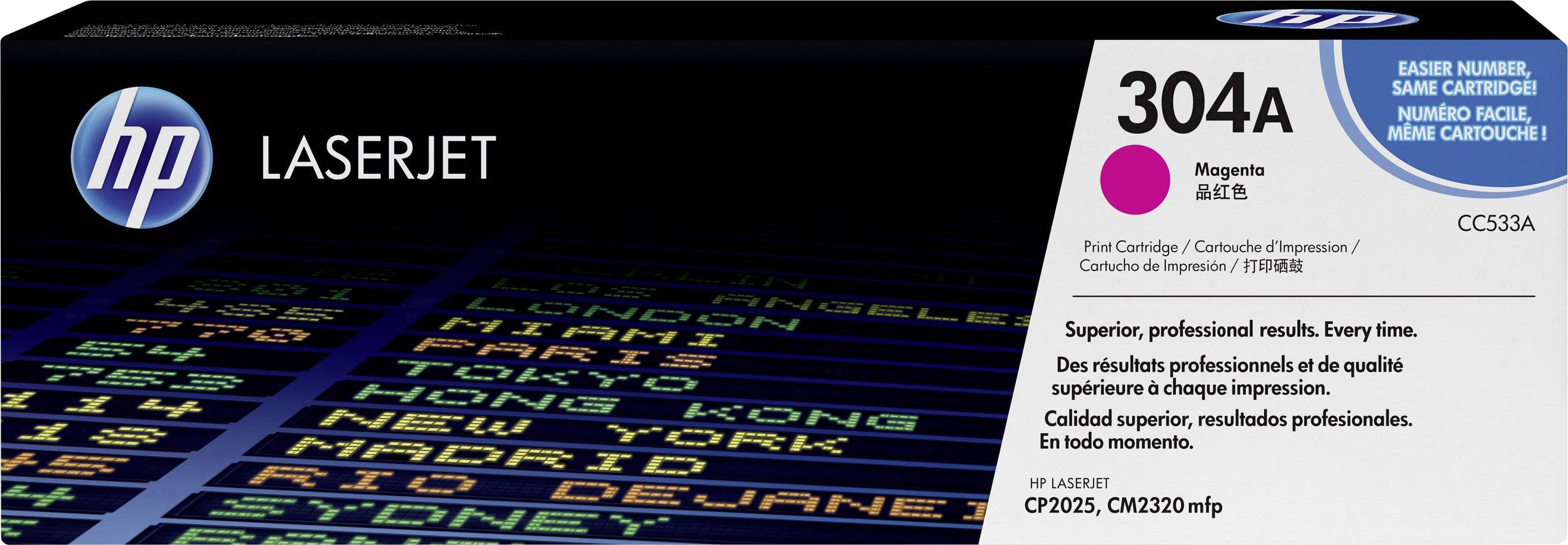 Wkład drukujący HP LaserJet 304A Magenta. Opakowanie zawiera teksty w różnych językach i wyświetla nazwy miast na wyświetlaczu.