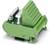 Zielone elektryczne moduł przyłączeniowy z wieloma złączami i zaciskami śrubowymi, przeznaczony do montażu na szynie DIN.