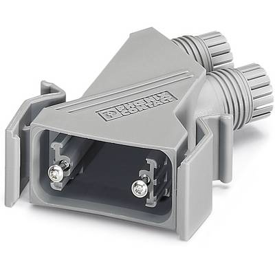 Szare, plastikowe obudowy złącza elektrycznego o kształcie prostokątnym, wyposażone w dwa zamknięcia śrubowe na górnej powierzchni.