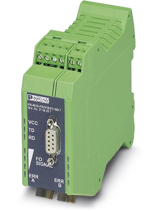 Zielony moduł komunikacyjny firmy Phoenix Contact z złączami i wskaźnikami statusu. Model: PSI-MOS-PROFIBUS 660 T.