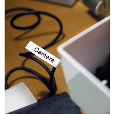 Kabel z etykietą z napisem 'Camera', leżące na stole obok otwartego białego pudełka.
