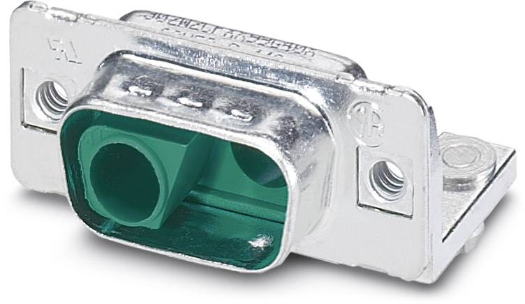 Pojedynczy wtyk D-Sub z metalową ramką i zieloną obudową z tworzywa sztucznego, odpowiedni do zastosowań przemysłowych lub technicznych.