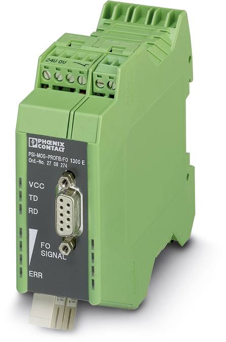 Zielony elektroniczny sprzęt firmy Phoenix Contact, z wieloma złączami na górze i złączem VGA z przodu.