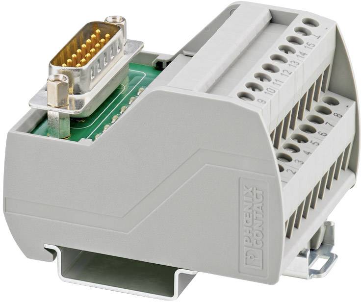 Szary przemysłowy złącze elektryczne z listwą wtykową i numerowanymi stykami, przeznaczone do połączeń elektrycznych.