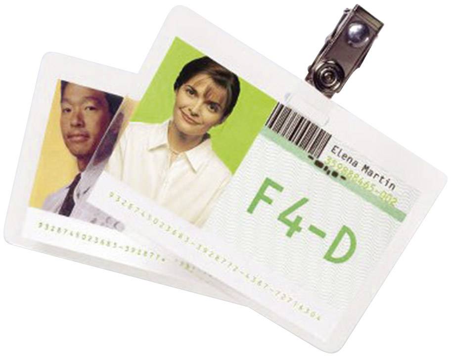 Dwa identyfikatory pracownicze ze zdjęciami: po lewej stronie mężczyzna, po prawej kobieta. Identyfikator kobiety wskazuje 'Elena Martin' i 'F4-D'.