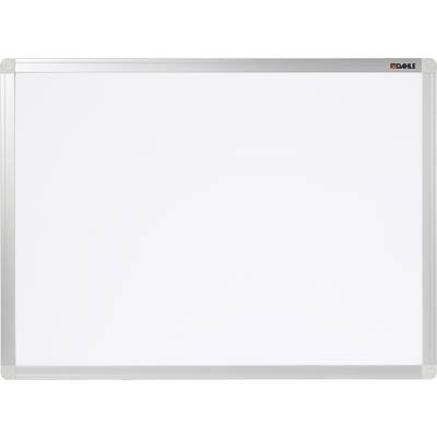 Biała tablica magnetyczna z ramą aluminiową i logo w górnym prawym rogu. Idealna do prezentacji i planowania.