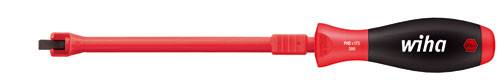 Czerwony wkrętak izolowany z czarną rękojeścią, na którym widać napis 'wiha' oraz zestaw śrub.