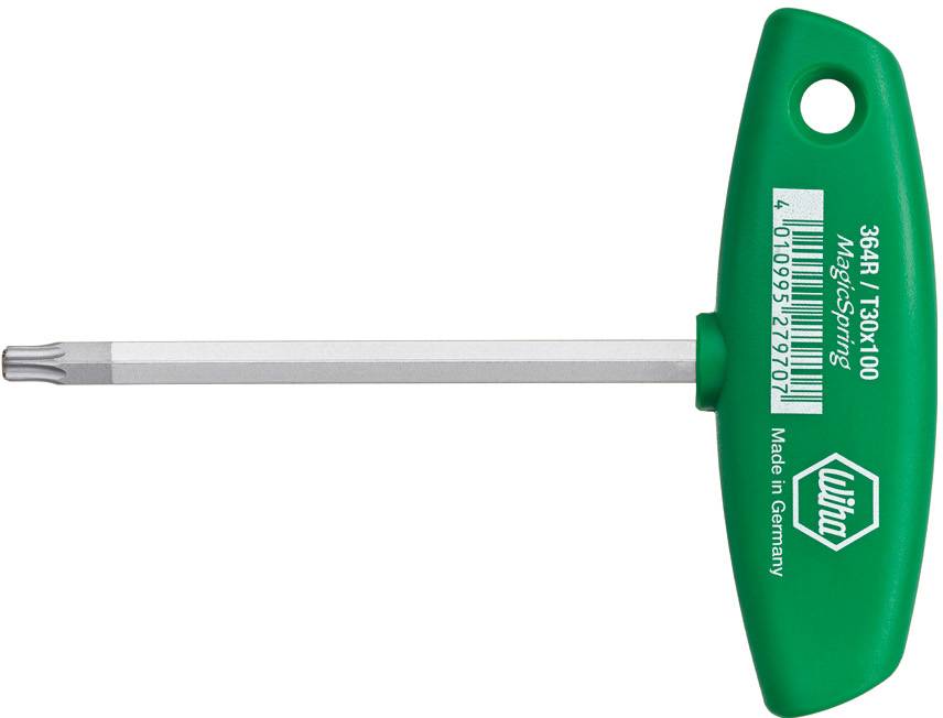 Wkrętak Torx z uchwytem T, zielony, rozmiar: T30, długość: 100 mm, numer produktu: 384R, marka: Wiha, wyprodukowany w Niemczech.