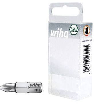 Bit wkrętaka PH2 firmy Wiha na tle przezroczystego opakowania plastikowego.