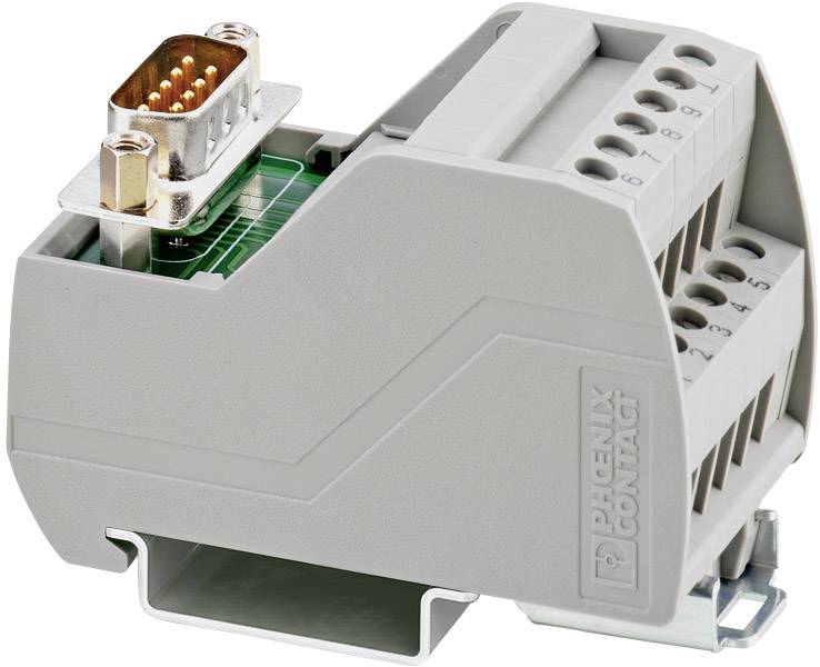 Szare moduł Phoenix Contact z wieloma zaciskami przyłączeniowymi i portem szeregowym na górze do połączeń elektrycznych.