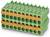 Dwupoziomowa zielona złączka z pomarańczowymi dźwigniami, przeznaczona do elektrycznego łączenia kilku przewodów.