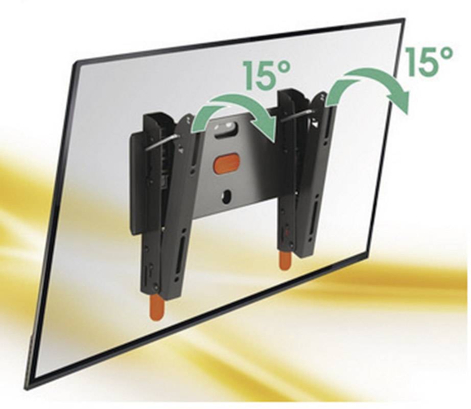 Uchwyt ścienny do telewizora, regulowany z możliwością pochylenia do 15 stopni w górę i w dół, dodatkowo oznaczony strzałkami ilustrującymi kąt nachylenia.
