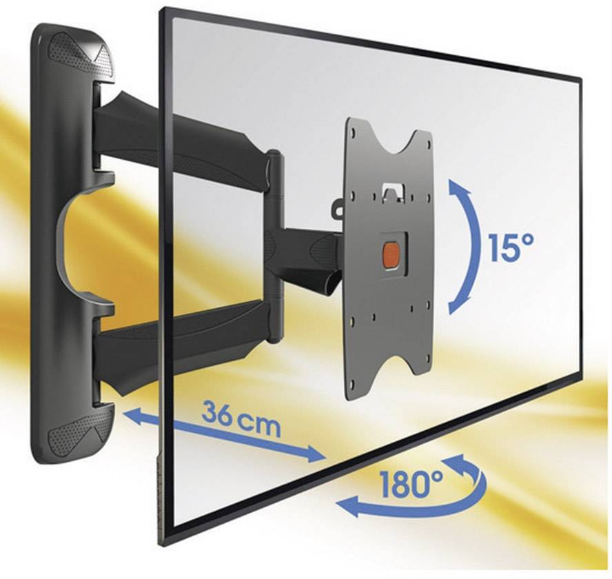 Montaż uchwytu ściennego do telewizora z funkcją obracania. Przedstawia 36 cm wysięgu, obrót o 180° oraz pochylenie o 15° dla elastycznego pozycjonowania.