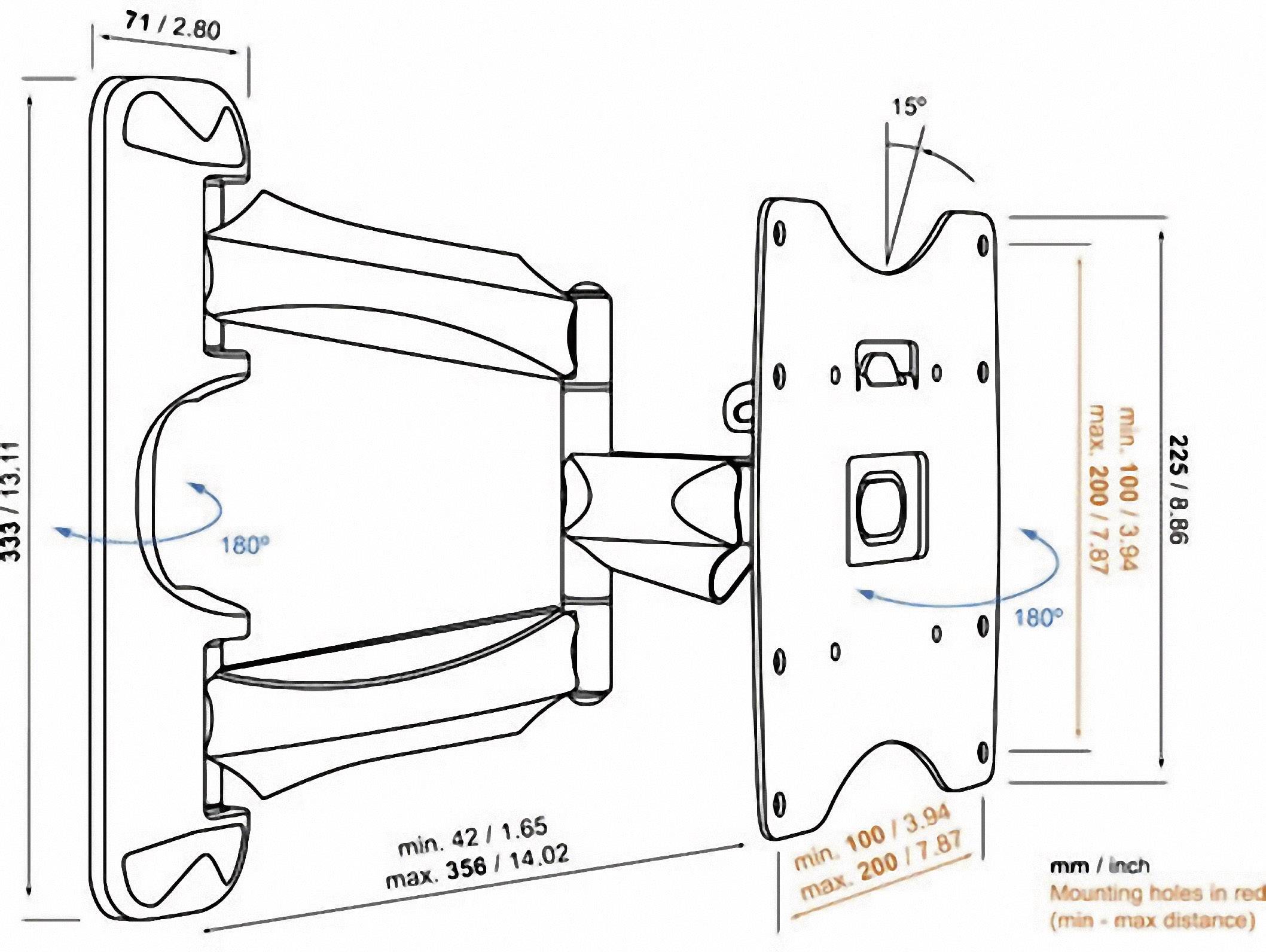 'Rysunek techniczny uchwytu ściennego do telewizora. Po lewej: zakres obrotu 180°, odległość 42-356 mm; Po prawej: zakres pochylenia 15°, otwory mocujące: min. 100 mm, maks. 200 mm.'