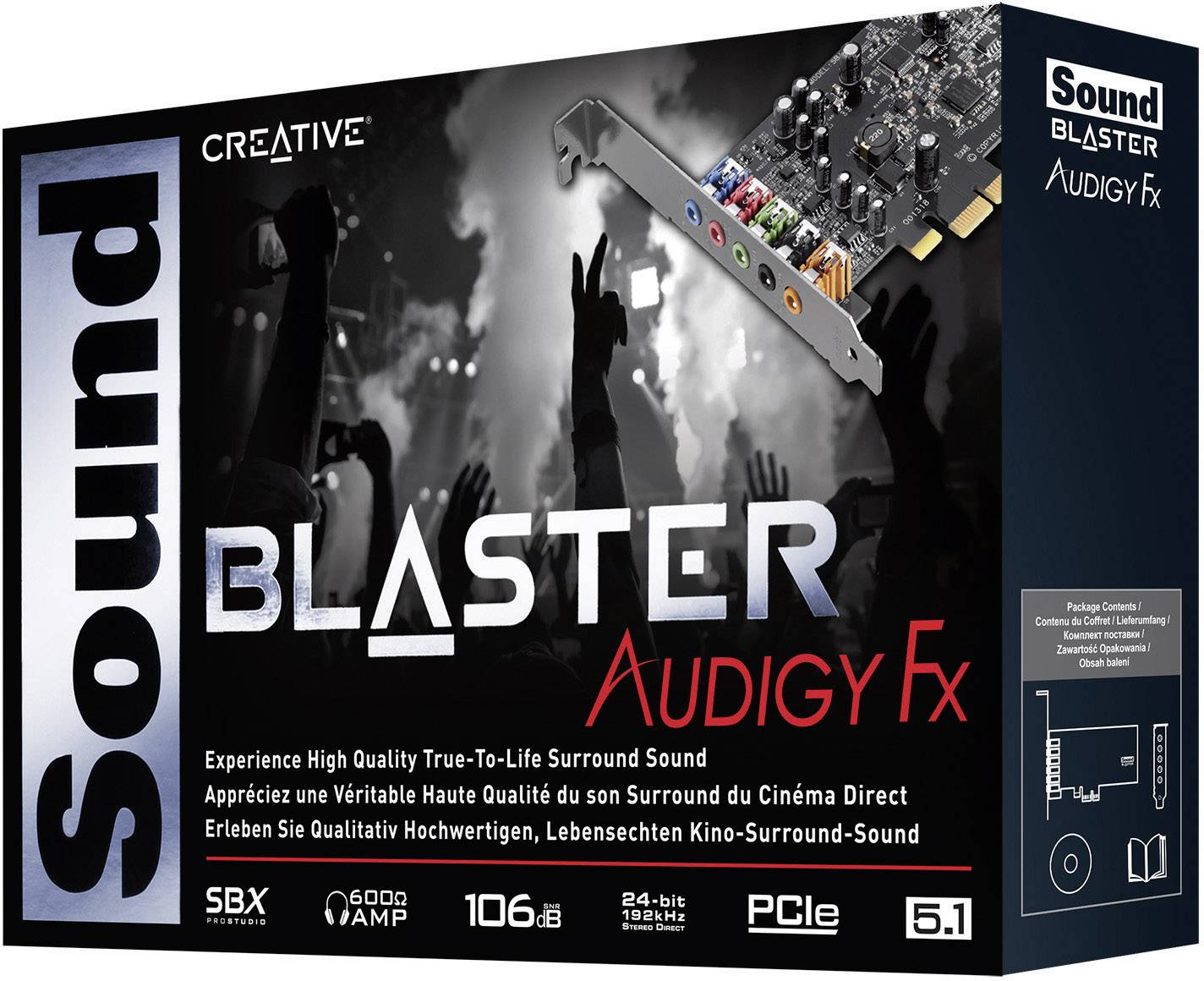 Opakowanie karty dźwiękowej "Creative Sound Blaster Audigy Fx" z informacjami o dźwięku przestrzennym Surround, technologii SBX, wzmacniaczu 600Ω oraz złączu PCIe.