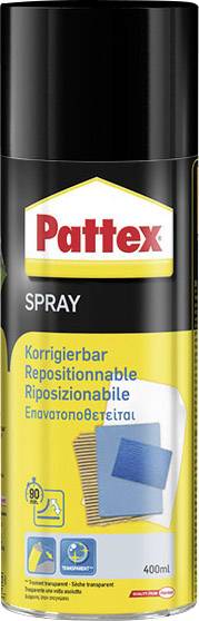 Czarna puszka ze sprejem z żółtą etykietą marki 'Pattex'. Tekst podkreśla 'korygowalne' w kilku językach.