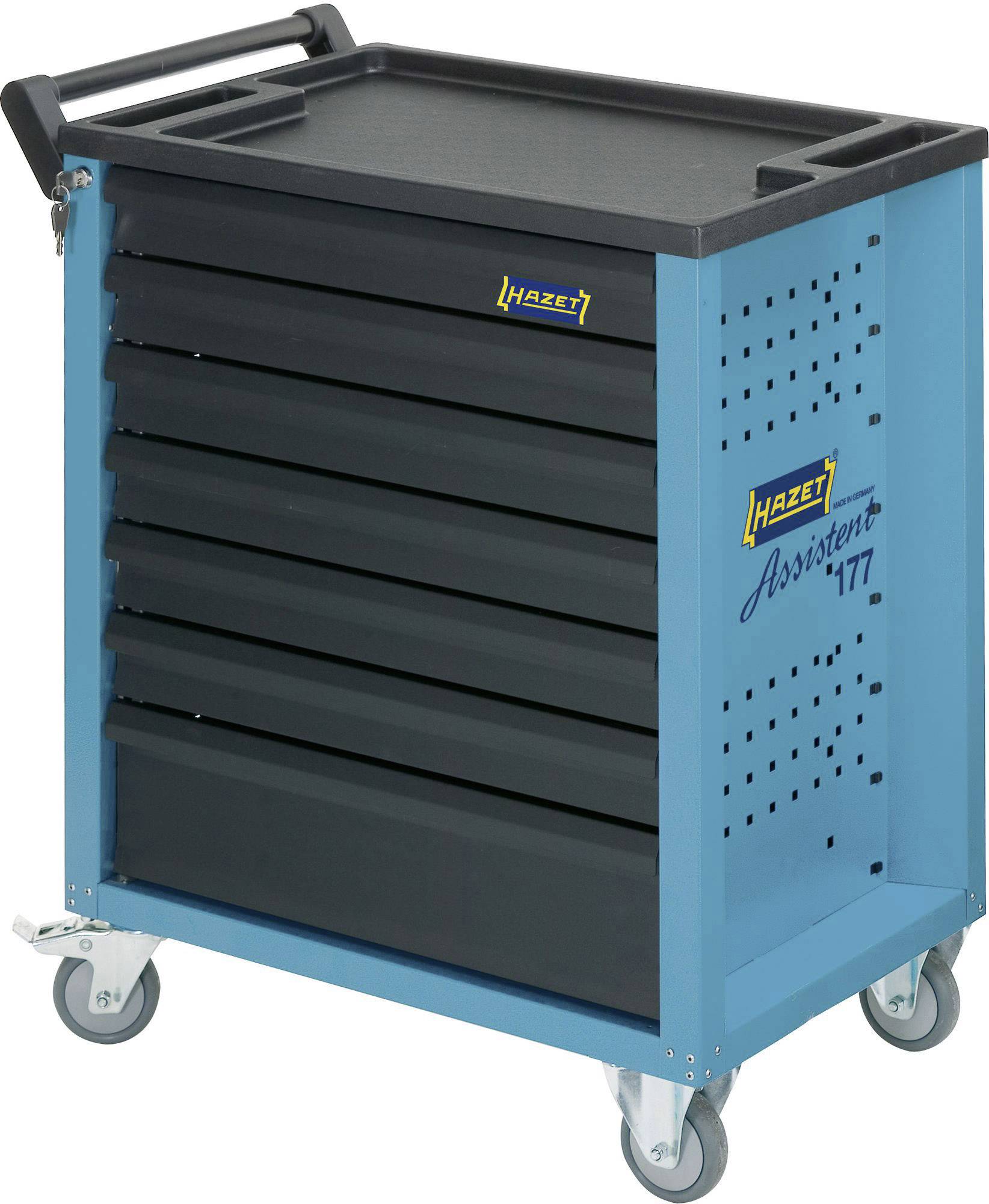 Niebieski wózek narzędziowy z sześcioma czarnymi szufladami i czterema kółkami, z widocznym logo marki 'Hazet' na szufladach.