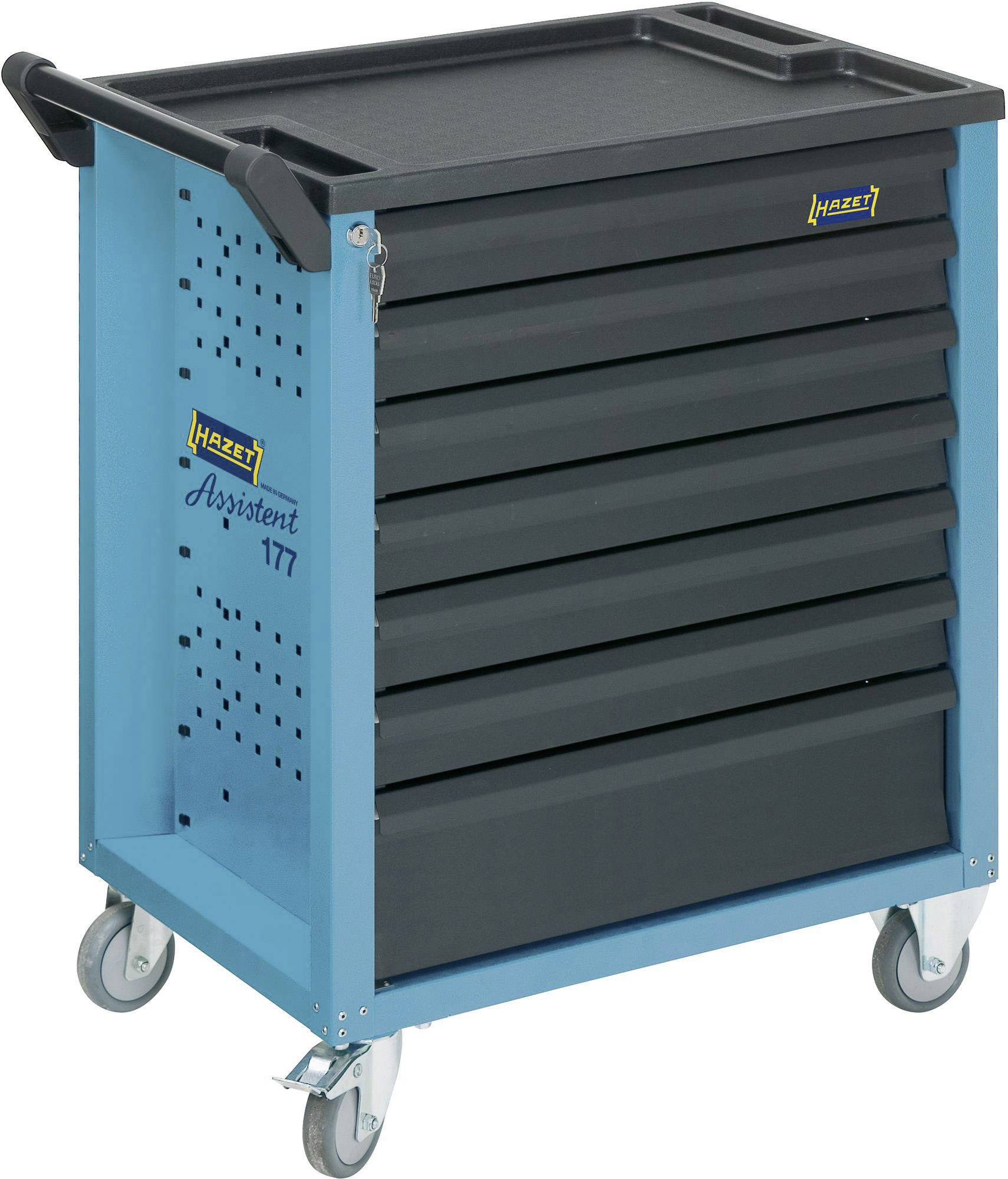 Niebieski wózek narzędziowy z sześcioma szufladami i czterema kółkami, przeznaczony do użytku w warsztatach do przechowywania narzędzi.