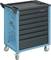 Niebieski wózek narzędziowy z sześcioma szufladami i czterema kółkami, przeznaczony do użytku w warsztatach do przechowywania narzędzi.