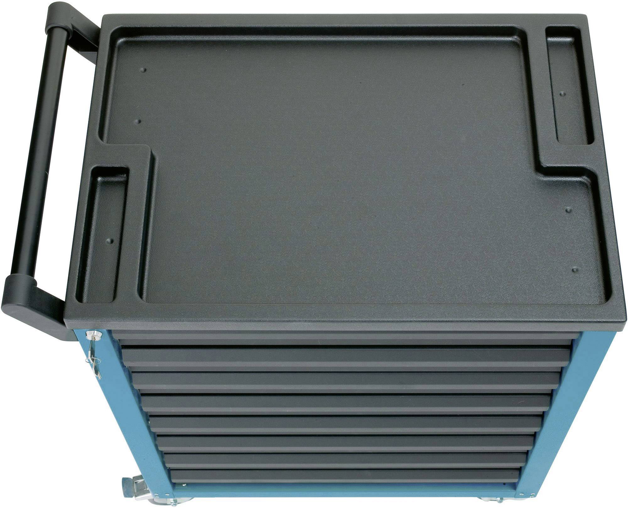 'Mobilny wózek warsztatowy z siedmioma czarnymi szufladami, niebieska rama i czarny uchwyt, widziany z góry.'