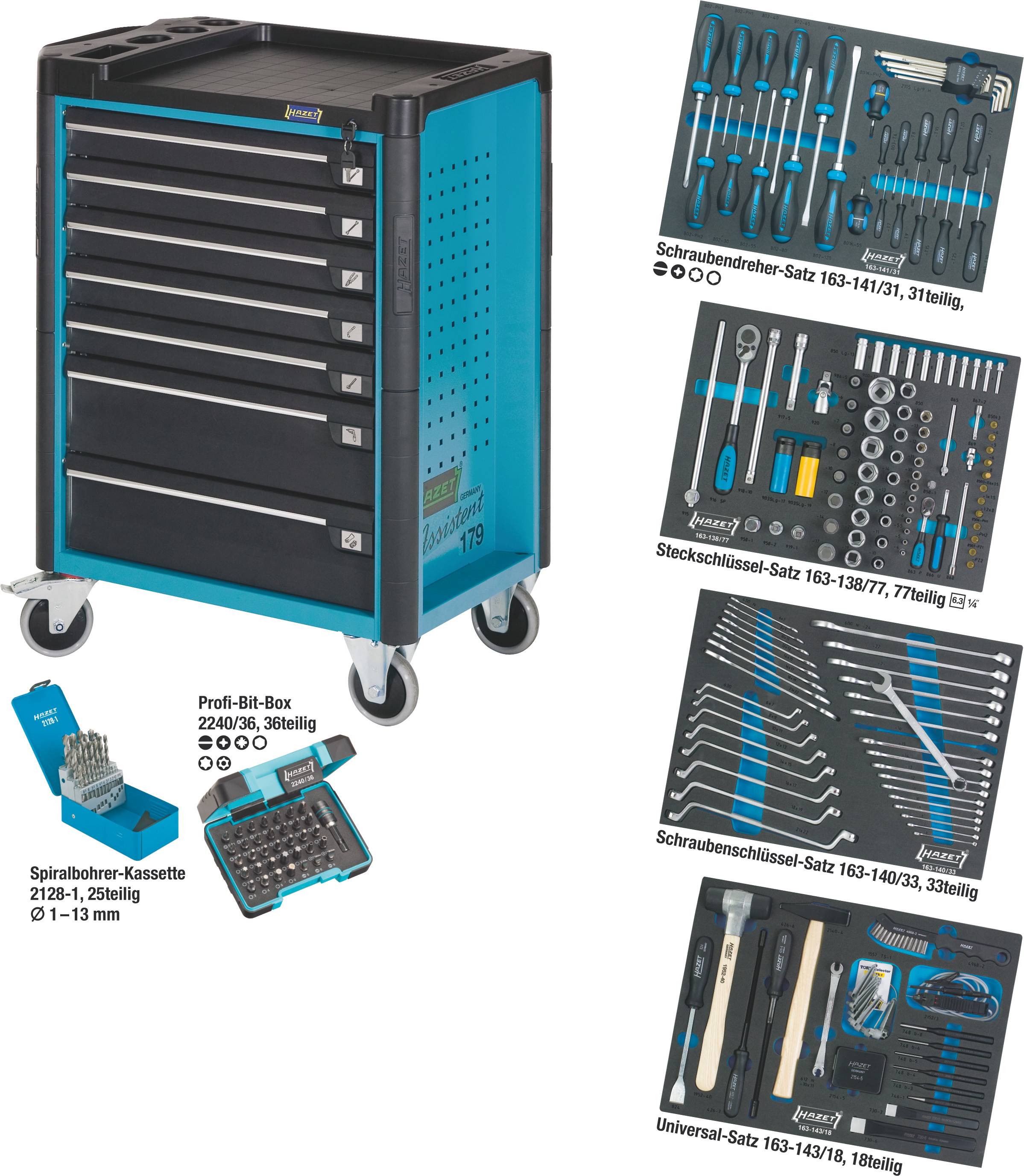 Wózek warsztatowy z sześcioma szufladami, w pełni wyposażony w różne śrubokręty, klucze nasadowe i zestawy bitów.