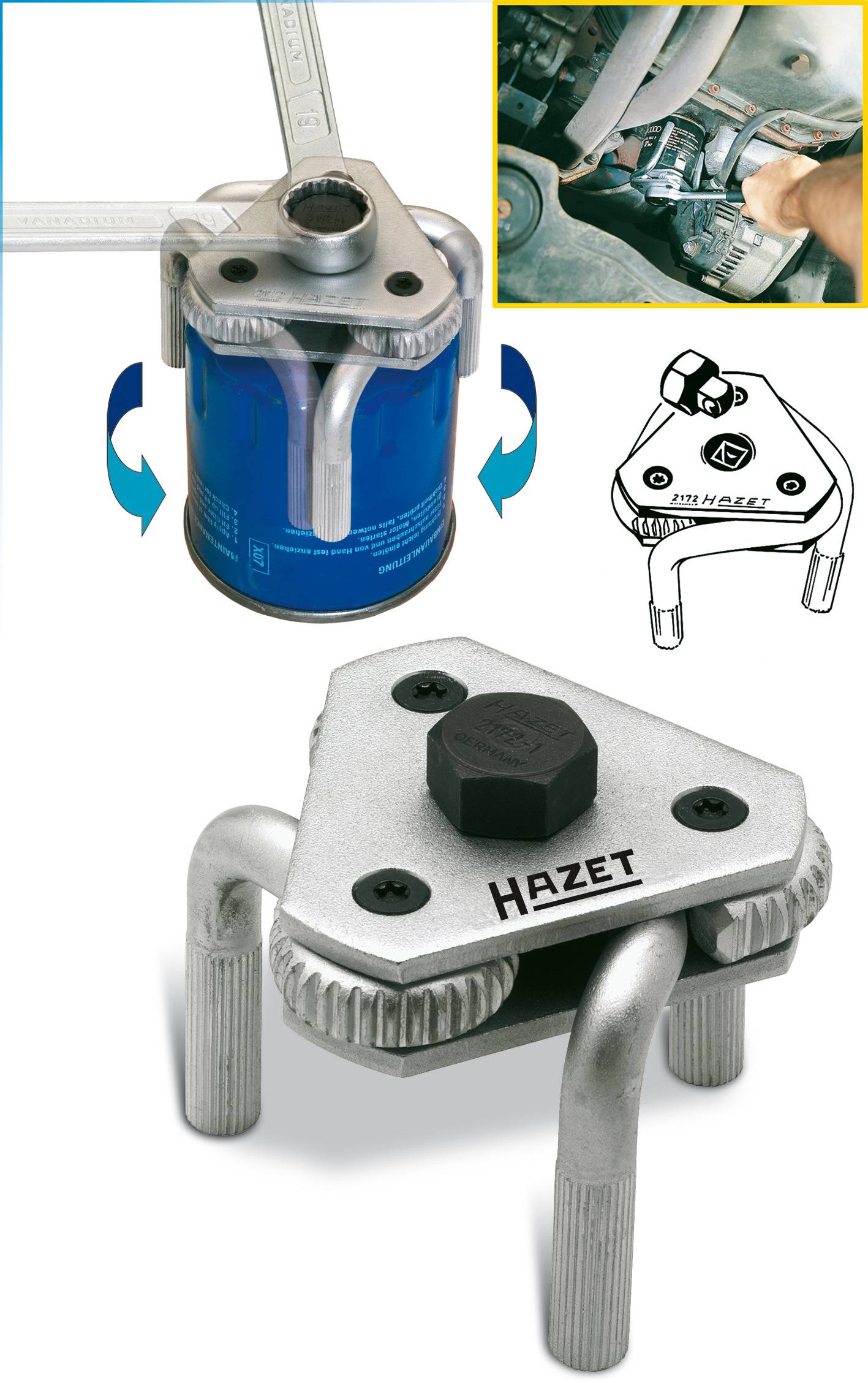 Trzyfazowe narzędzie do filtrów oleju firmy Hazet, przedstawiające sposób użycia do usuwania filtrów oleju. Ilustracja dłoni korzystającej z narzędzia.