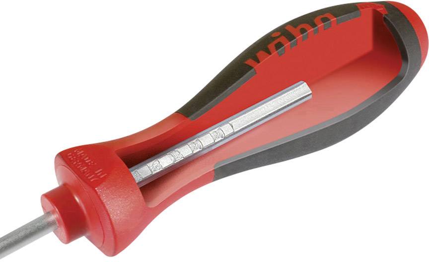 Wkrętak z czerwonym i czarnym uchwytem, wyposażony w magnetyczny czubek. Uchwyt posiada nadruk 'Wiha'.