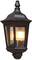 Czarna lampa ścienna ze szklanymi oknami i świecącą żarówką. Idealna do oświetlenia na zewnątrz.