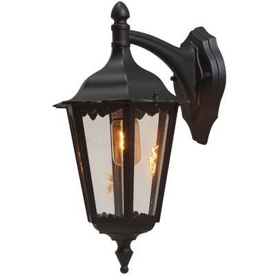 Czarna metalowa lampa ścienna w stylu latarni z jasnym blaskiem żarówki, odpowiednia do zastosowań na zewnątrz.
