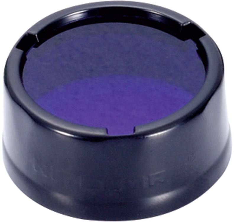 Czarny, okrągły dekiel z fioletową powierzchnią wewnętrzną, prawdopodobnie część urządzenia optycznego lub filtra.