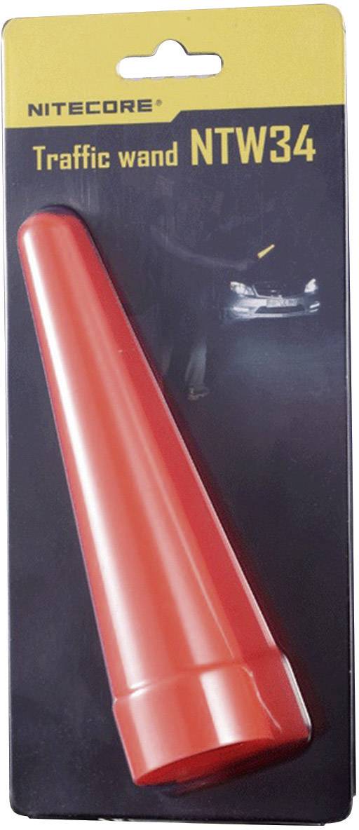 Opakowanie czerwonego stożka ostrzegawczego firmy Nitecore, model NTW34, z ilustracją samochodu w ciemności na tle.