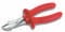 Czerwone szczypce boczne z metalowymi ostrzami, przeznaczone do cięcia przewodów lub kabli.