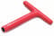Czerwony metalowy klucz T, używany jako narzędzie do dokręcania śrub lub nakrętek w różnych zastosowaniach.