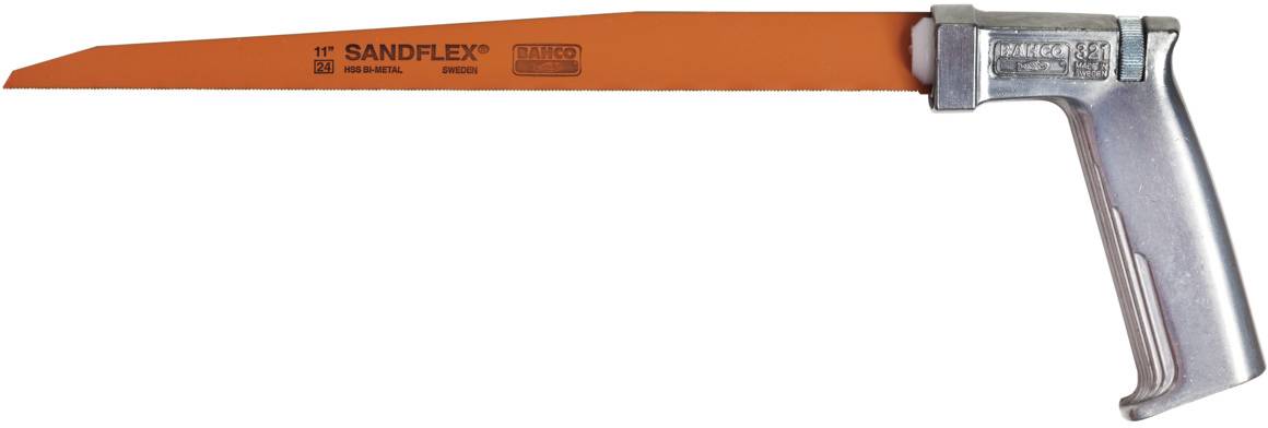 Piła do metalu z pomarańczową stalą tnącą i srebrną rękojeścią, przeznaczona do cięcia metalu.